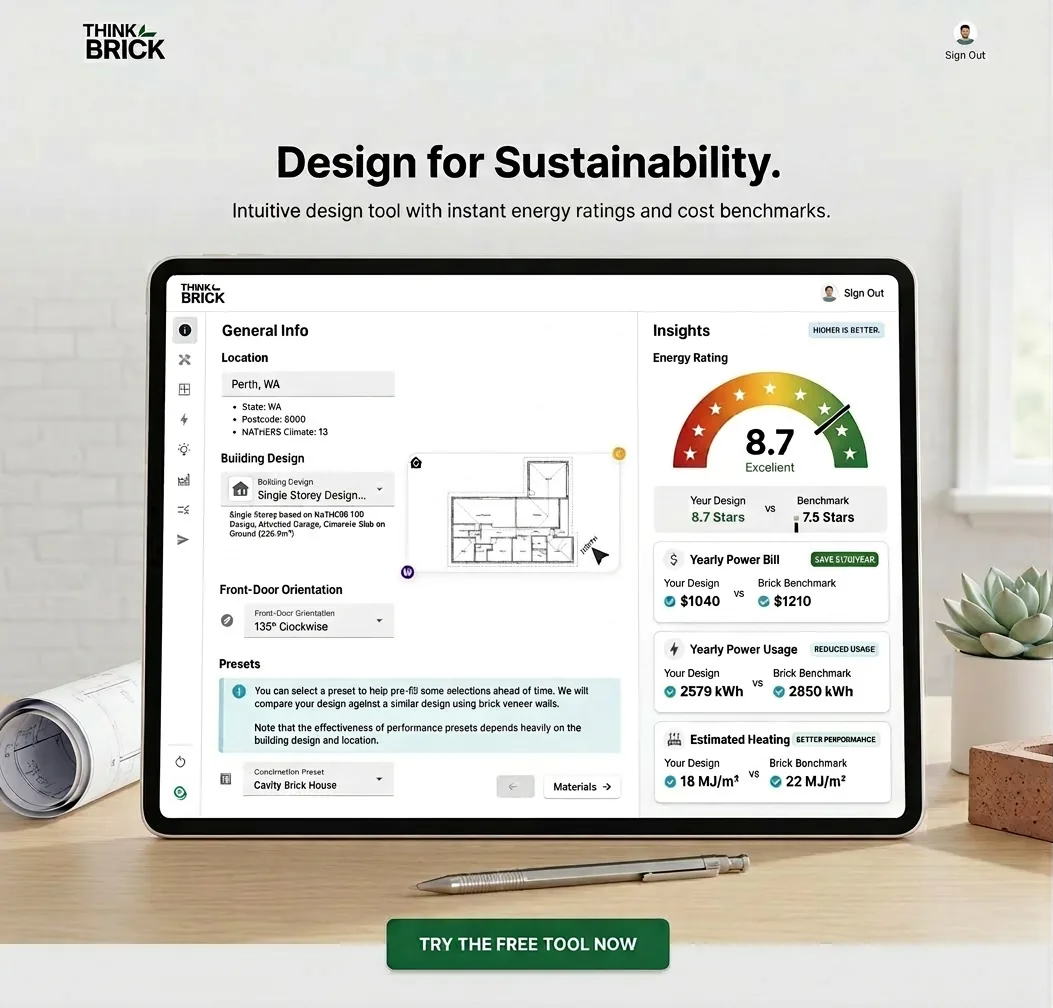 Think Brick calculator interface — interactive material performance comparison